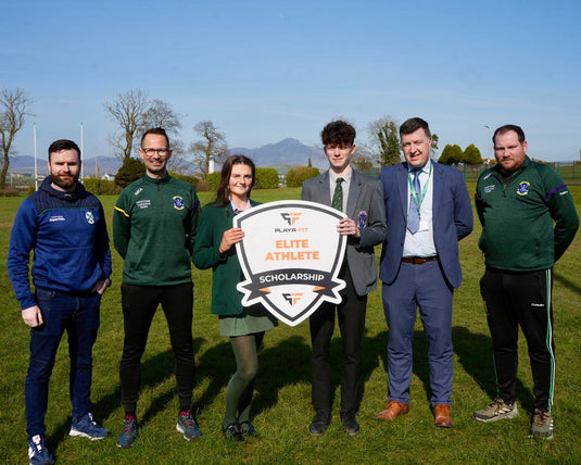 Photo (L-R) Brendan Connolly (Playr-fit), Niall McAleenan (Head of PE), Sarah Gorman (Elite Athlete), Cian Doyle (Elite Athlete), Eamon McGlue (Vice Principle), Peter McGrath Jnr (School PRO)