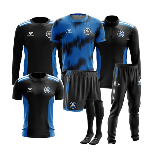 Aquinas FC Players Pack (1/4 Zip Midlayer, Crewneck, T-Shirt, Skinny Pants, Training Jersey, Shorts Black, Long Socks Black) - Adults