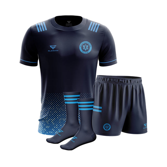 St Colmcilles GFC Meath Blue Teamwear Pack 1 (Jersey F13 Sky Blue, Sublimated Shorts 2 Stripe Sky Blue, Blue Mid Socks) - Adults