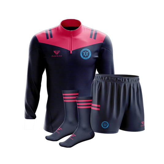 St Colmcilles GFC Meath Pink Teamwear Pack 7 (Midlayer 1/4 Zip Tenacity Navy/Pink, Sublimated Shorts 2 Stripe Pink, Pink Mid Socks) - Kids