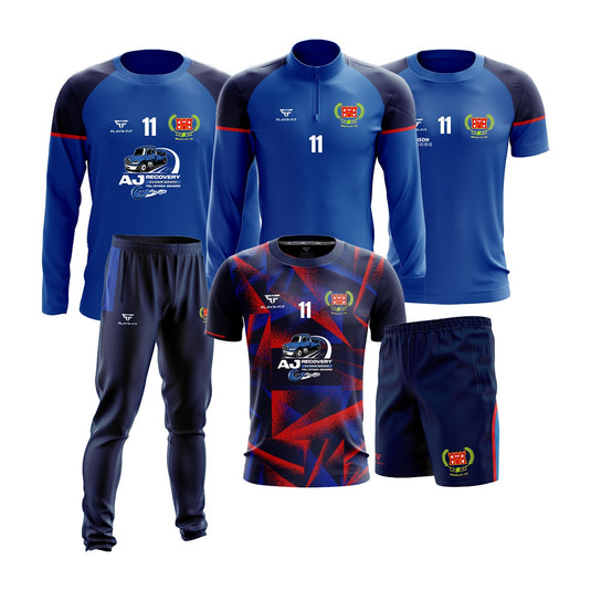 Mossley FC Players 6 Pack (1/4 Zip Midlayer, Crewneck, T-Shirt, Skinny Pants, Jersey Navy/Red/Blue, Shorts) - Adults
