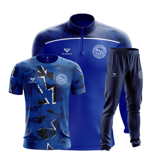 Churchill United FC Teamwear Pack 4 (Midlayer (1/4 Zip) Spirit (Blue/Navy), Jersey (F34), Skinny Pants) - Adults
