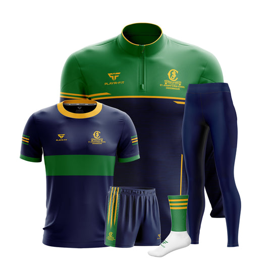 St Josephs HS Crossmaglen Students PE Pack 2 (Midlayer Courage Green/Navy, Jersey D26 Navy, High Waist Leggings Navy, Shorts Navy, Mid Socks Green) - Kids