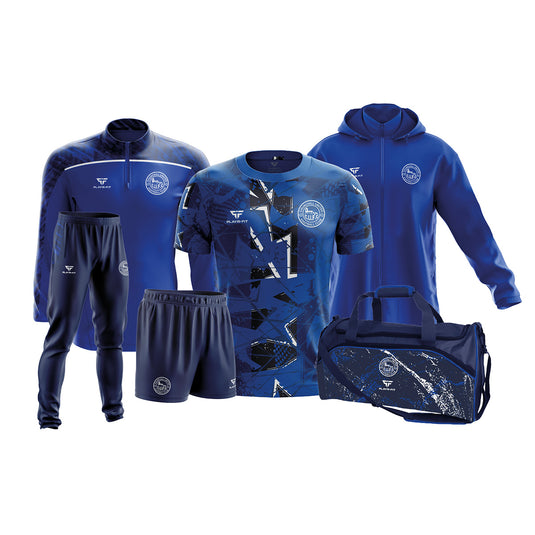Churchill United FC Players 6 Pack (Midlayer (1/4 Zip) Spirit (Blue/Navy), Jersey (F34), Skinny Pants, Pro Soccer Shorts (Navy), Kit Bag) - Kids
